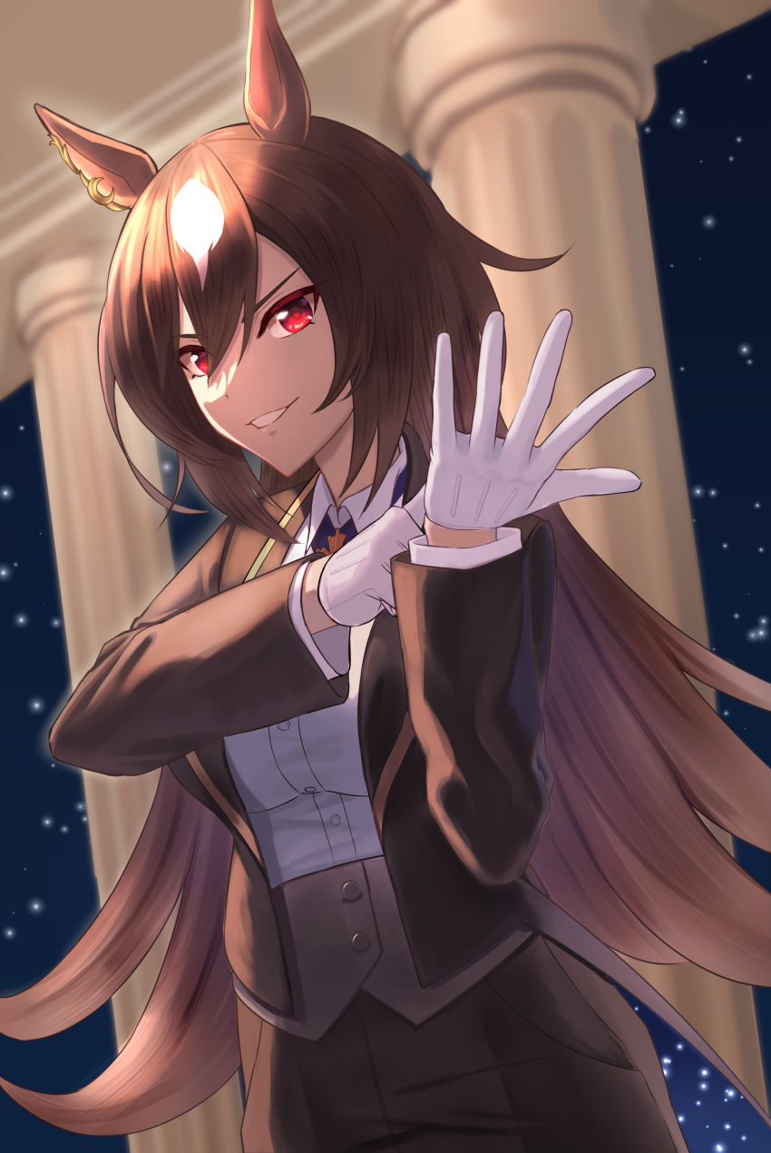 1girl, absurdres, animal_ears, answering, bangs, breasts, brown_hair, column