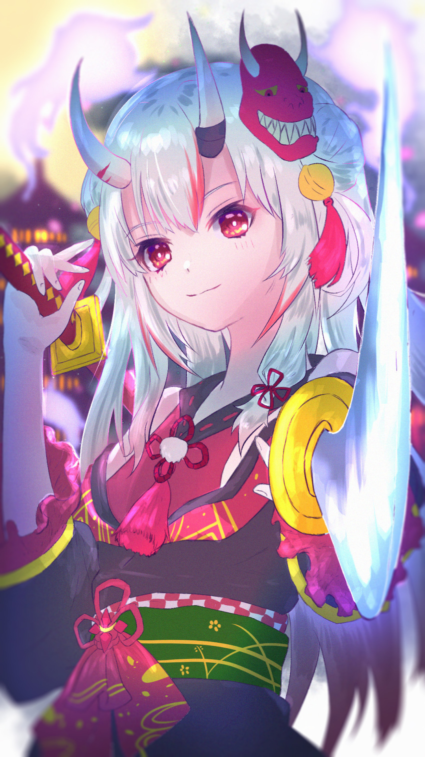 1girl, aoi_eno, bangs, black_kimono, blurry, blurry_background, commentary_request, double_bun, dual_wielding, eyebrows_visible_through_hair, hair_between_eyes, highres, holding, holding_sword, holding_weapon, hololive, horns, japanese_clothes, katana, kimono, long_hair, looking_at_viewer, mask, mask_on_head, multicolored_hair, nakiri_ayame, obi, oni_horns, oni_mask, outstretched_arm, red_eyes, redhead, sash, sidelocks, smile, solo, streaked_hair, sword, virtual_youtuber, weapon, white_hair