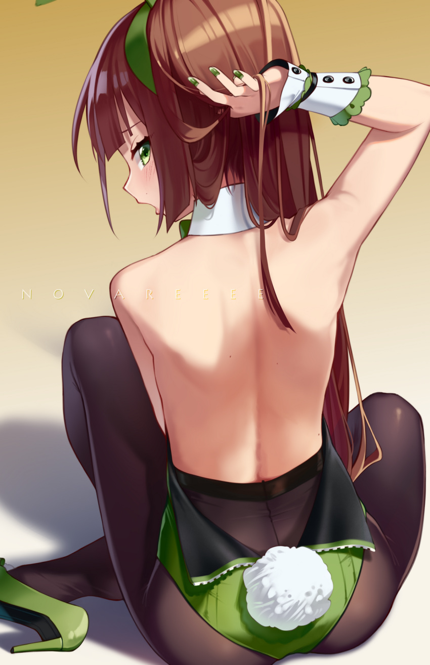 1girl, animal_ears, artist_name, backless_leotard, bangs, bare_back, bare_shoulders, black_legwear