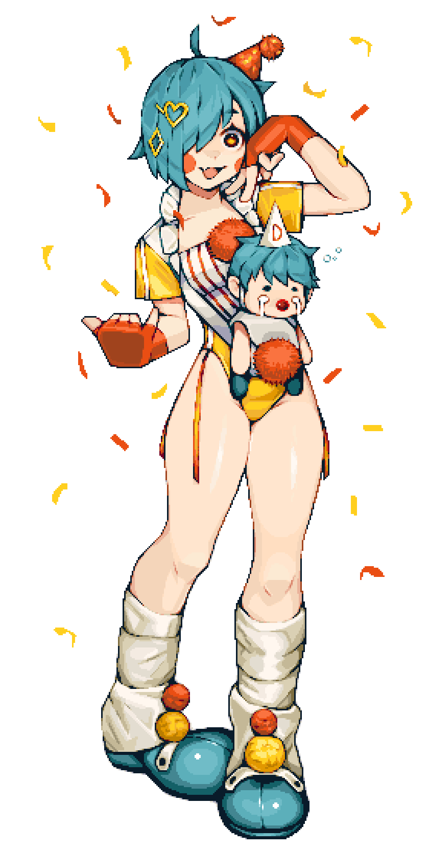 1boy, 1girl, 98fumi, blue_footwear, blue_hair, blush_stickers, brown_eyes, child