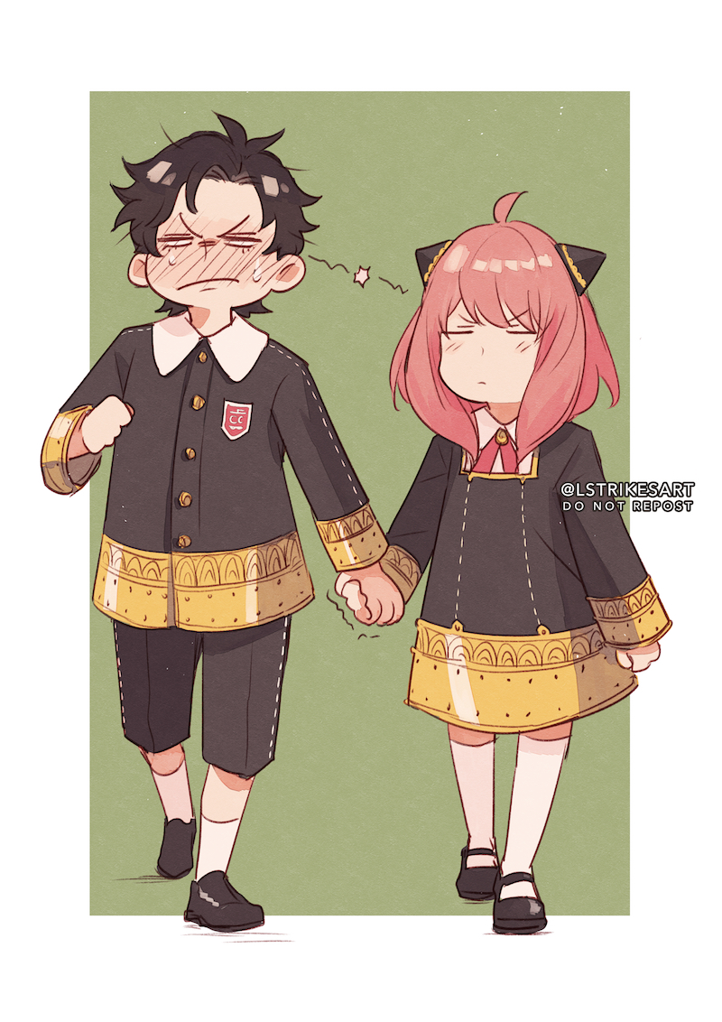 1boy, 1girl, =_=, ahoge, antenna_hair, anya_(spy_x_family), bangs, black_footwear