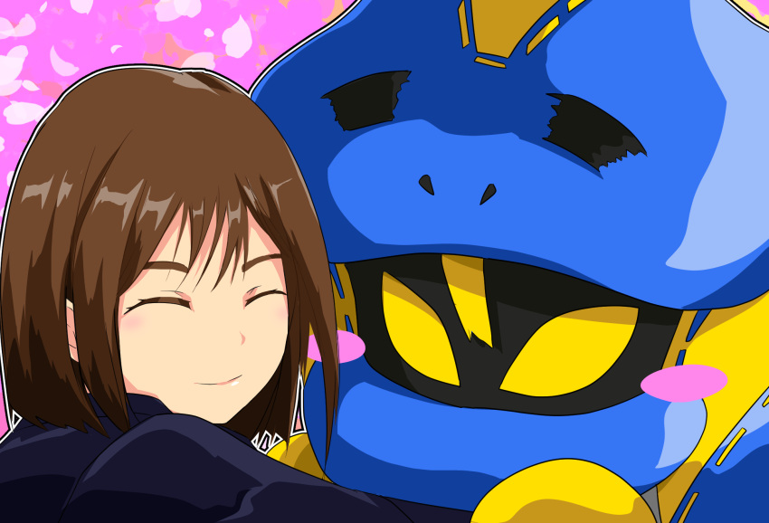 1girl, 1other, animal_hood, blush_stickers, brown_hair, closed_eyes, cobra_(animal), demon