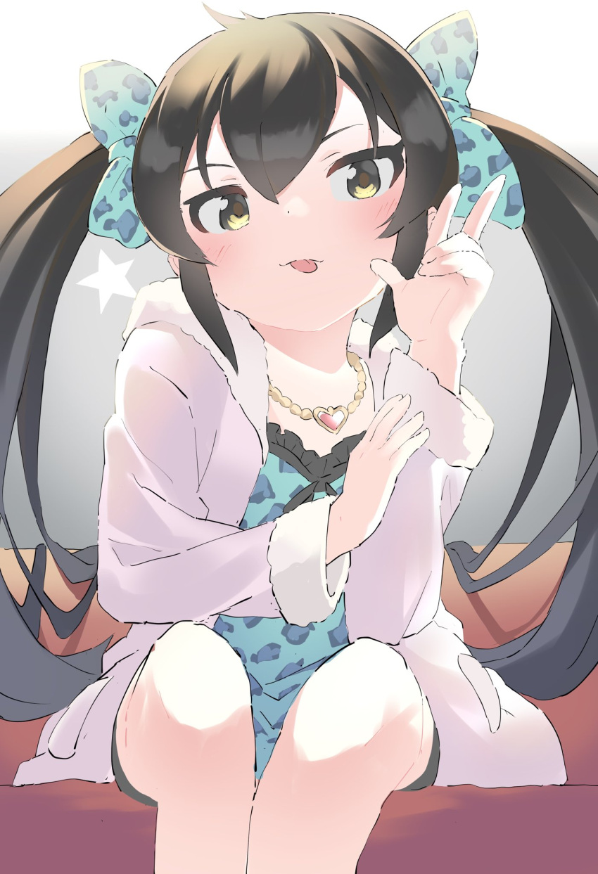 1girl, animal_print, backlighting, black_hair, bow, fur-trimmed_jacket, fur_trim, fuyubone, gradient, gradient_background, hair_bow, hair_ornament, highres, idolmaster, idolmaster_cinderella_girls, jacket, jewelry, leopard_print, long_hair, matoba_risa, necklace, sidelocks, star_(symbol), tongue, tongue_out, twintails, v, white_background, yellow_eyes