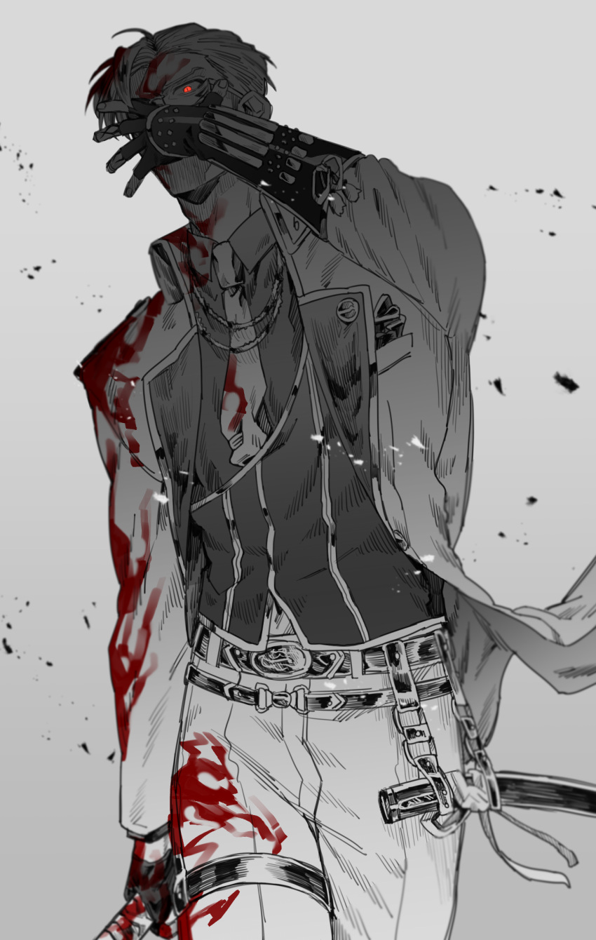 1boy, adjusting_eyewear, arm_at_side, armor, belt, blood, blood_in_hair, blood_on_chest