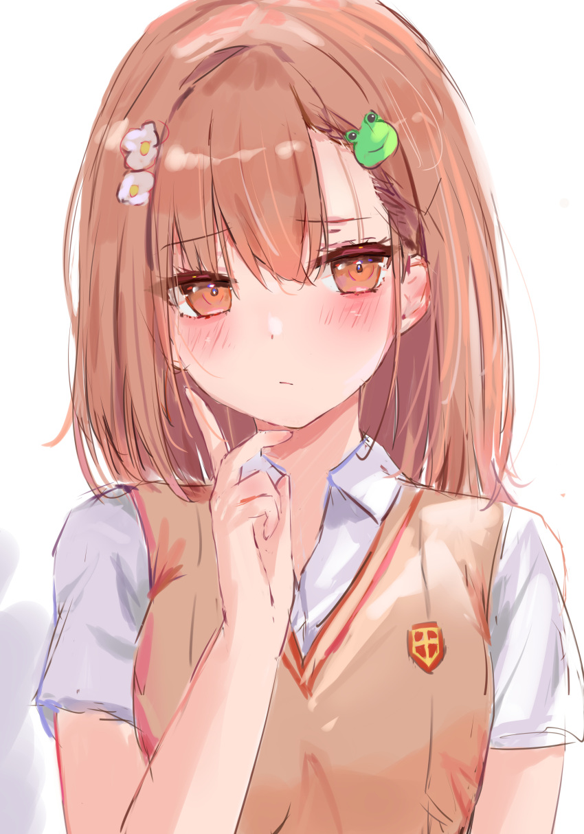1girl, absurdres, bangs, blush, brown_hair, collared_shirt, hair_ornament, highres