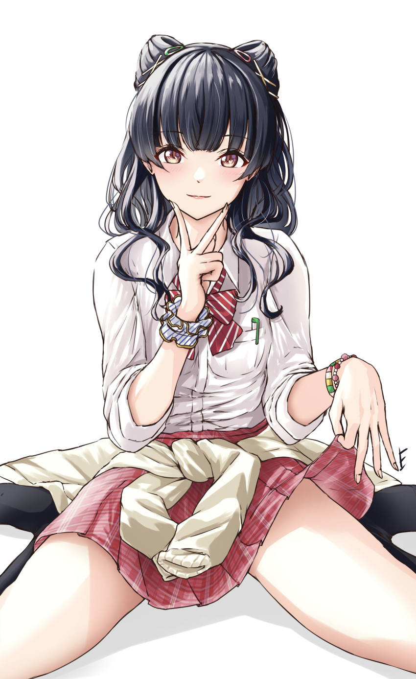 1girl, absurdres, bangs, black_hair, black_legwear, blunt_bangs, bow, bowtie