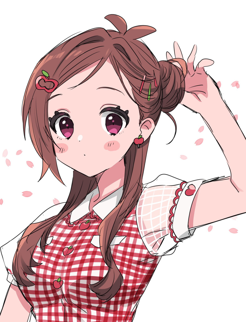 1girl, :o, alternate_hairstyle, antenna_hair, apple_earrings, apple_hair_ornament, blush, brown_hair