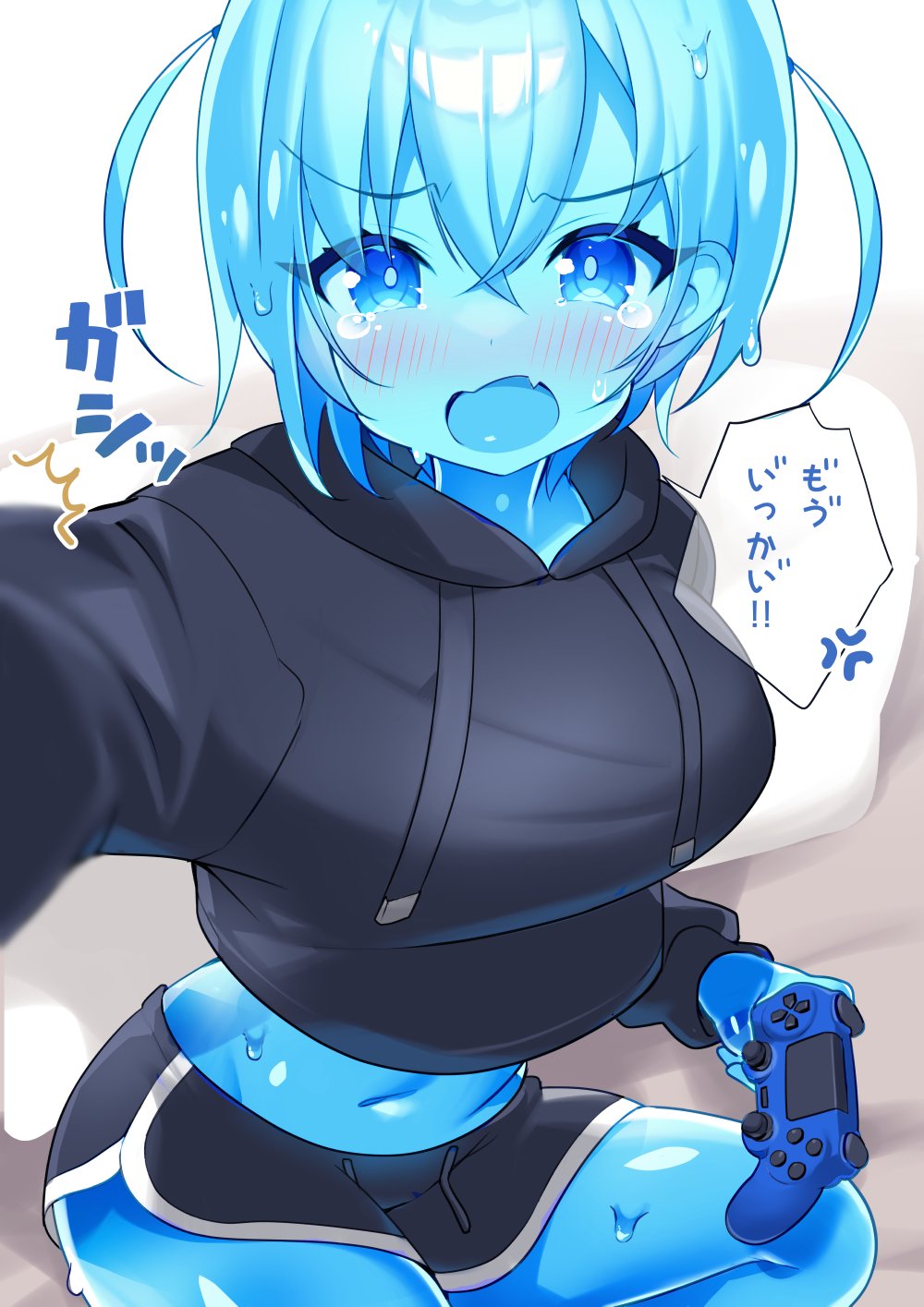 1girl, anger_vein, angry, black_hoodie, black_shorts, blue_eyes, crop_top, crop_top_overhang