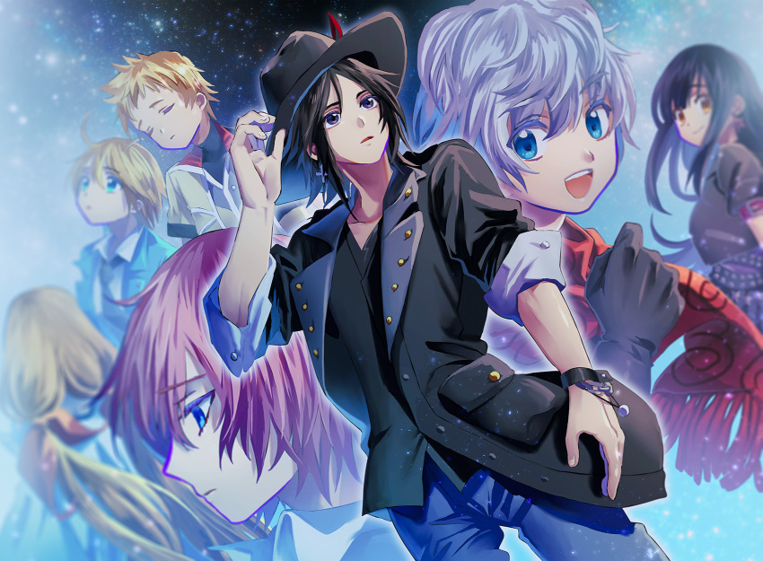 3girls, 4boys, antenna_hair, black_eyes, black_gloves, black_hair, black_headwear, black_jacket