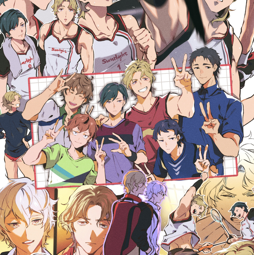 6+boys, \m/, badminton_racket, black_hair, blonde_hair, brown_eyes, brown_hair, green_hair