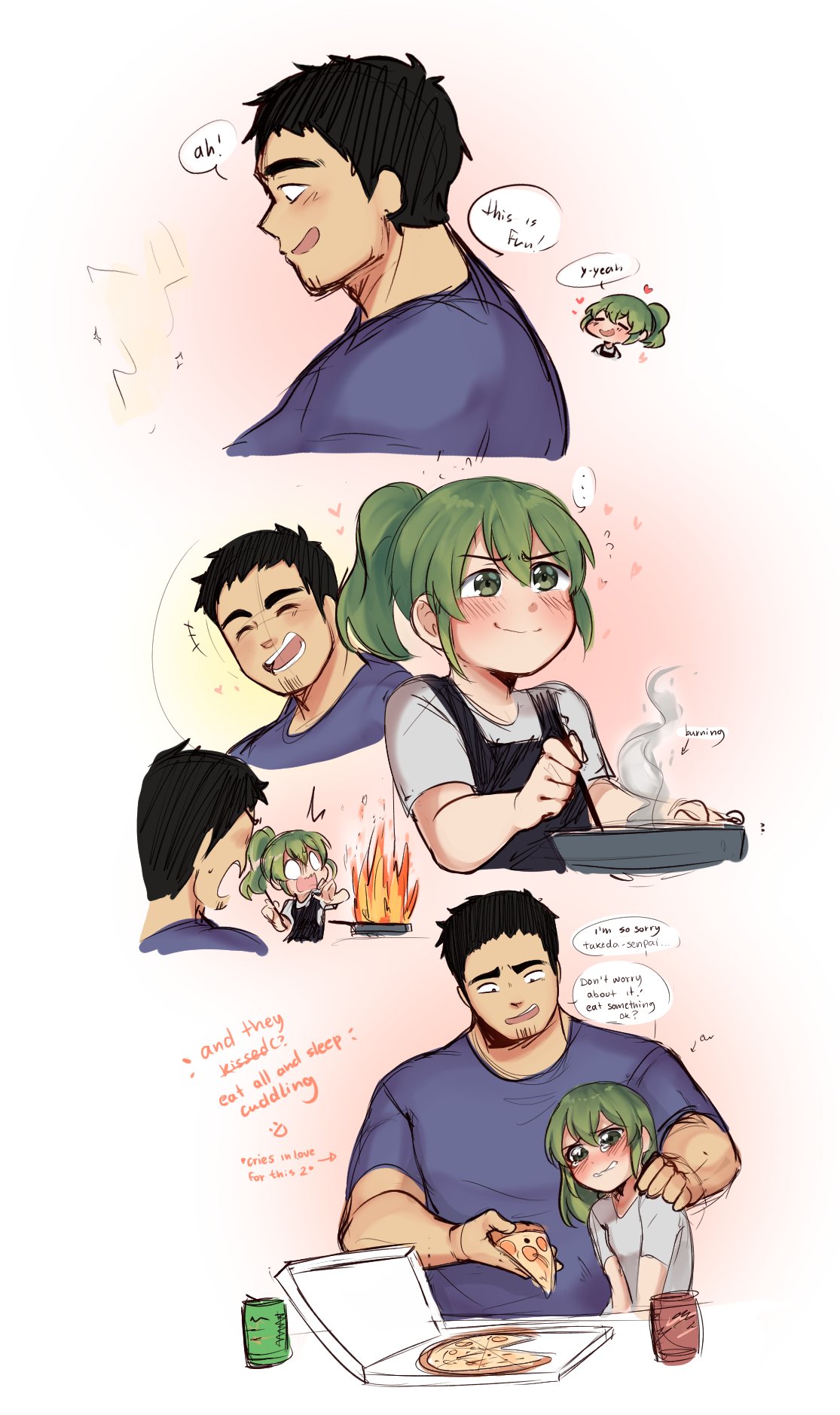 1boy, 1girl, blush, casual, closed_eyes, contemporary, cooking, couple