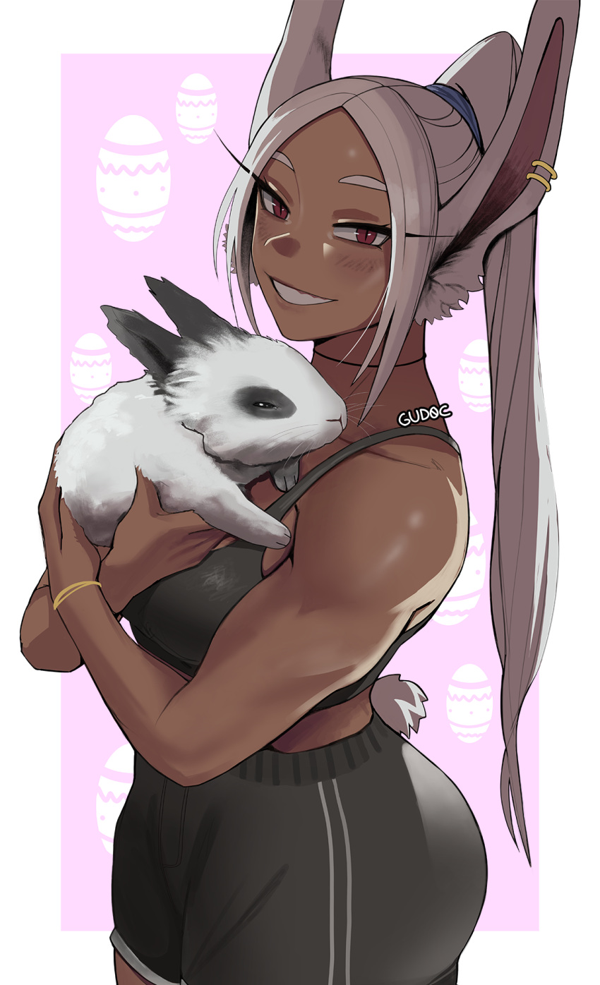1girl, alternate_hairstyle, animal, animal_ears, bangs, black_shorts, black_sports_bra, blush, boku_no_hero_academia, border, bracelet, breasts, choker, dark-skinned_female, dark_skin, ear_piercing, easter, forehead, grey_hair, gud0c, highres, holding, holding_animal, holding_bunny, jewelry, large_breasts, long_eyelashes, long_hair, looking_at_viewer, mirko, muscular, muscular_female, outside_border, parted_bangs, piercing, pink_background, ponytail, rabbit, rabbit_ears, rabbit_girl, rabbit_tail, ribbon_choker, shorts, simple_background, slit_pupils, smile, solo_focus, sports_bra, tail, white_border