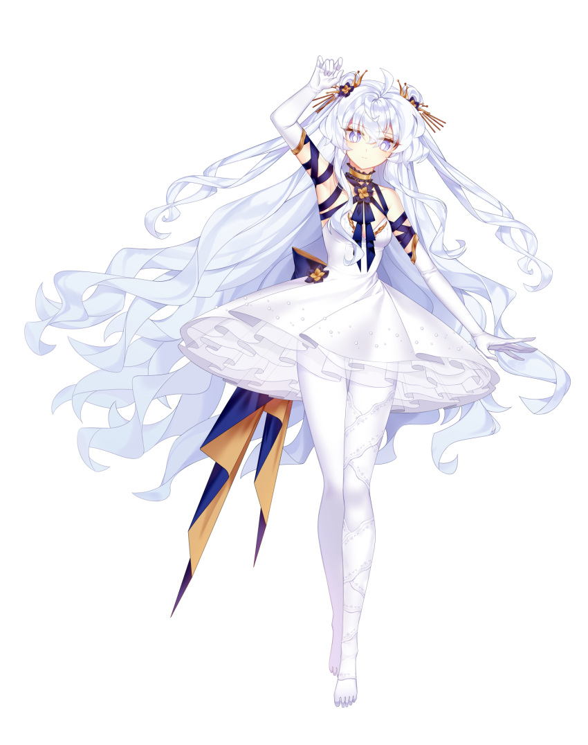 1girl, ahoge, alternate_costume, armpits, back_bow, bangs, blue_eyes, bow