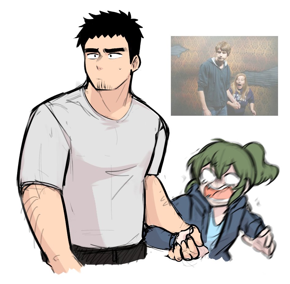 1boy, 1girl, blush, couple, green_eyes, green_hair, igarashi_futaba_(shiromanta), jacket, long_hair, pan_ccp, photo-referenced, photo_inset, ponytail, reference_inset, scared, senpai_ga_uzai_kouhai_no_hanashi, short_hair, sidelocks, size_difference, takeda_harumi_(shiromanta)