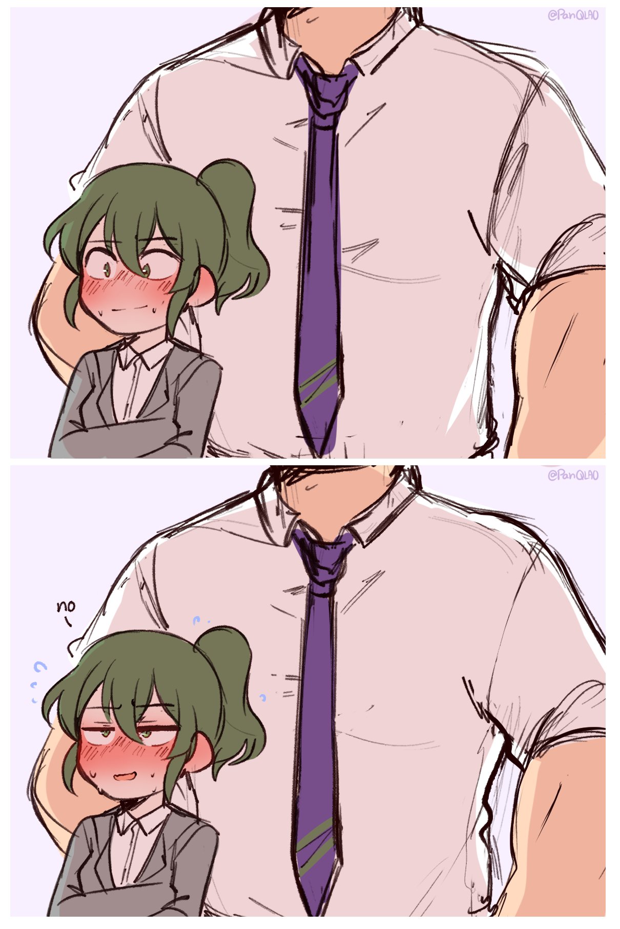 1boy, 1girl, blush, english_text, full-face_blush, green_eyes, green_hair, highres, igarashi_futaba_(shiromanta), long_hair, medium_hair, necktie, pan_ccp, ponytail, senpai_ga_uzai_kouhai_no_hanashi, short_hair, sidelocks, size_difference, sweat, sweating_profusely, takeda_harumi_(shiromanta), translated