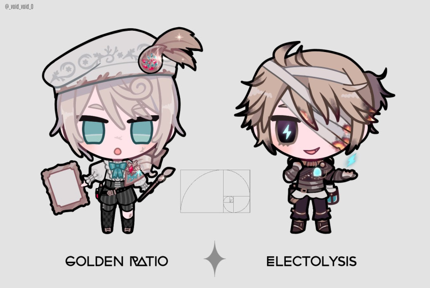 2boys, :o, artist_name, asymmetrical_legwear, bandage_over_one_eye, bandages, bangs, belt
