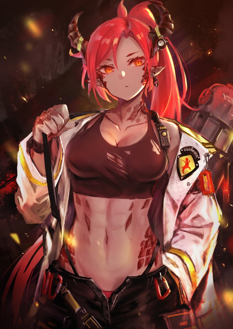1girl, abs, bare_shoulders, breasts, character_request, collarbone, copyright_request, denim
