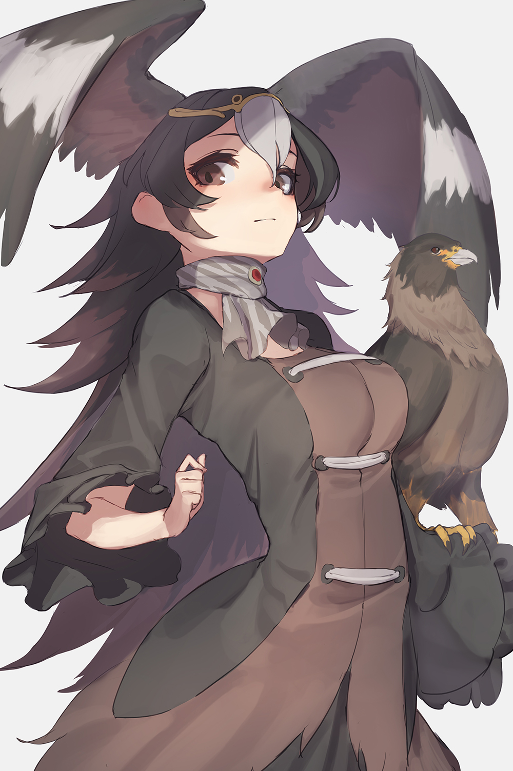 1girl, animal_on_arm, bird, bird_girl, bird_on_arm, bird_wings, black_hair, blush