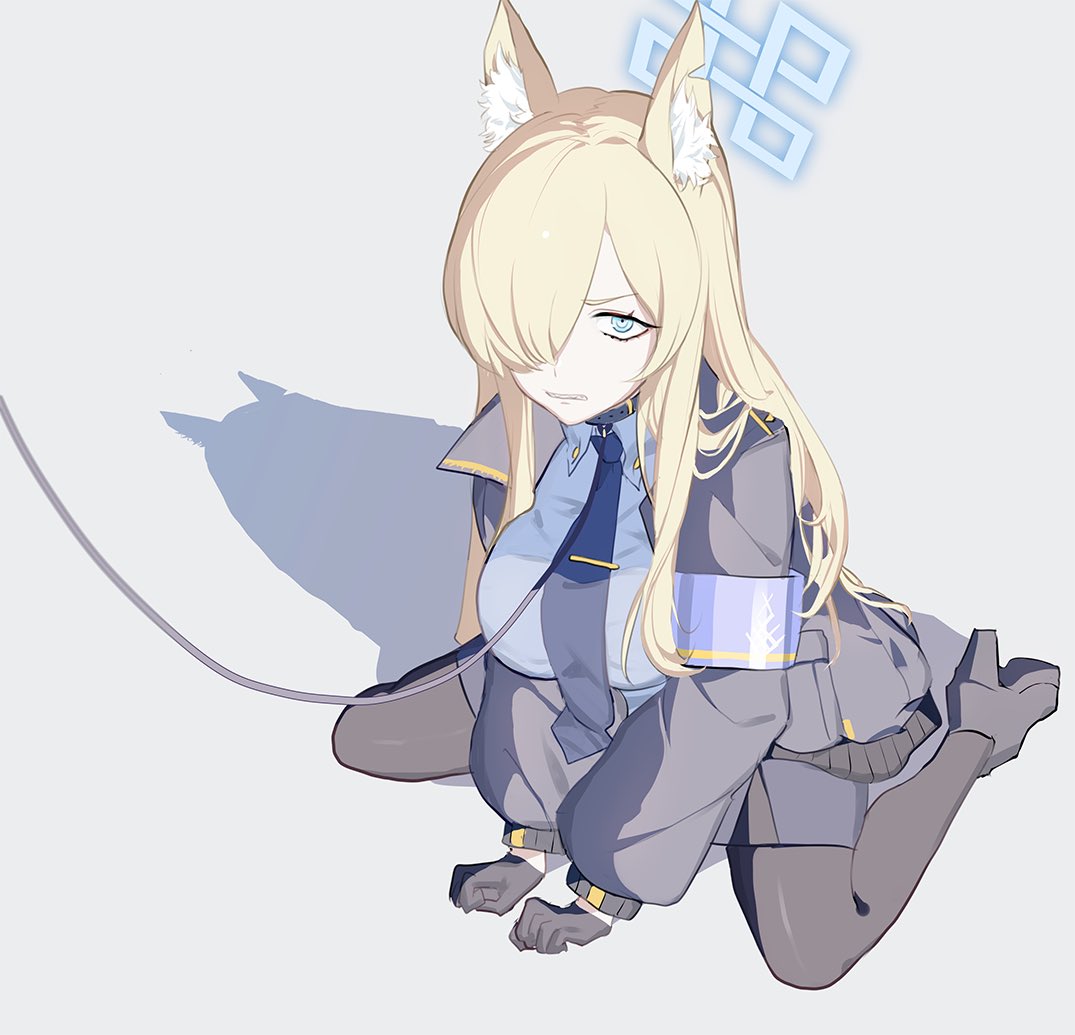1girl, animal_ear_fluff, animal_ears, armband, asymmetrical_bangs, ba_fed_kitaku, bangs, black_footwear
