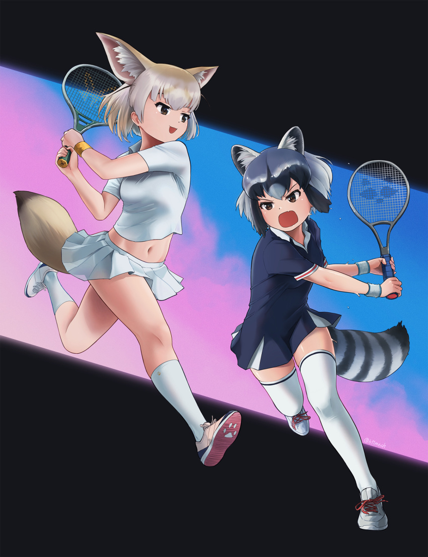 2girls, animal_ears, ball, beleven, blonde_hair, blue_dress, blush, brown_eyes