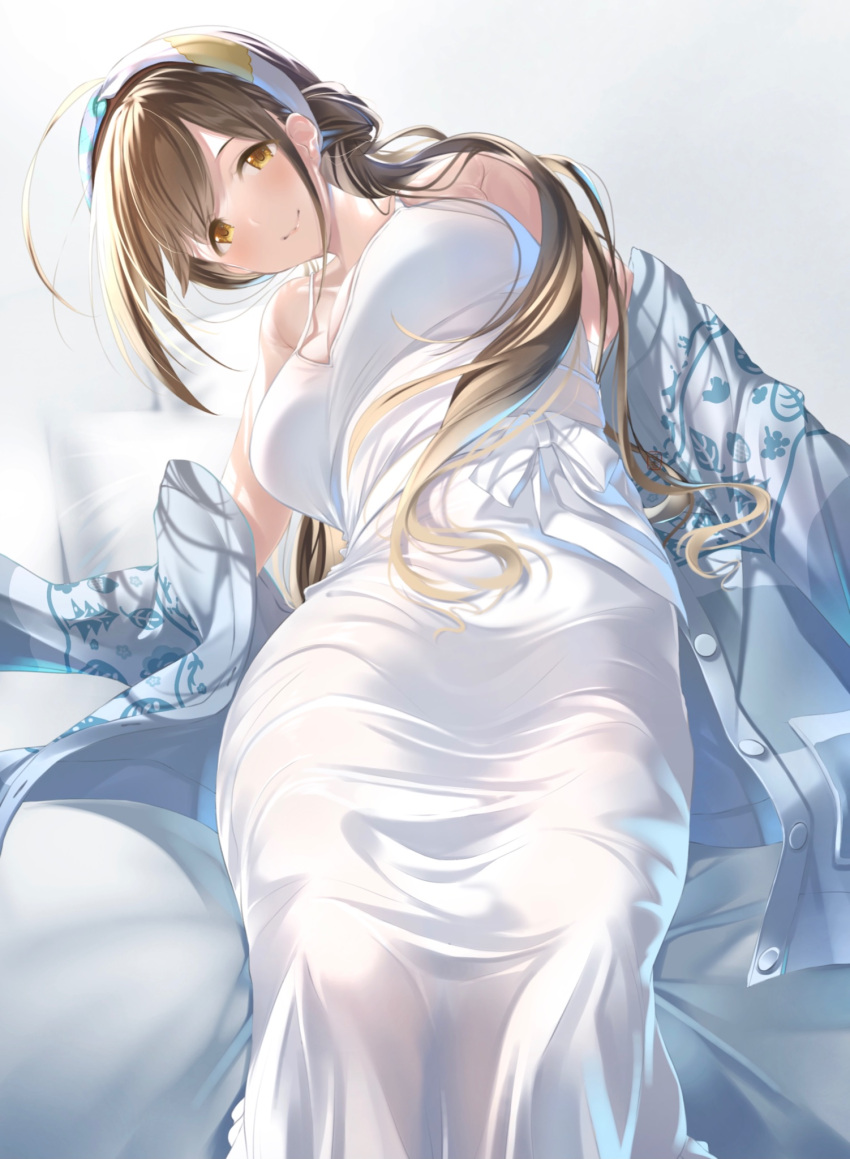 1girl, ahoge, bed_sheet, brown_hair, cardigan, dress, head_tilt, highres, huge_ahoge, idolmaster, idolmaster_shiny_colors, kuwayama_chiyuki, long_dress, looking_at_viewer, open_cardigan, open_clothes, print_cardigan, sasa_koutoyomu, simple_background, smile, solo, white_background, white_dress