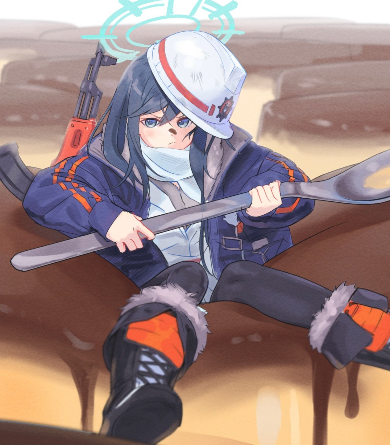 1girl, akm, assault_rifle, bangs, black_footwear, black_legwear, blue_archive, blue_eyes
