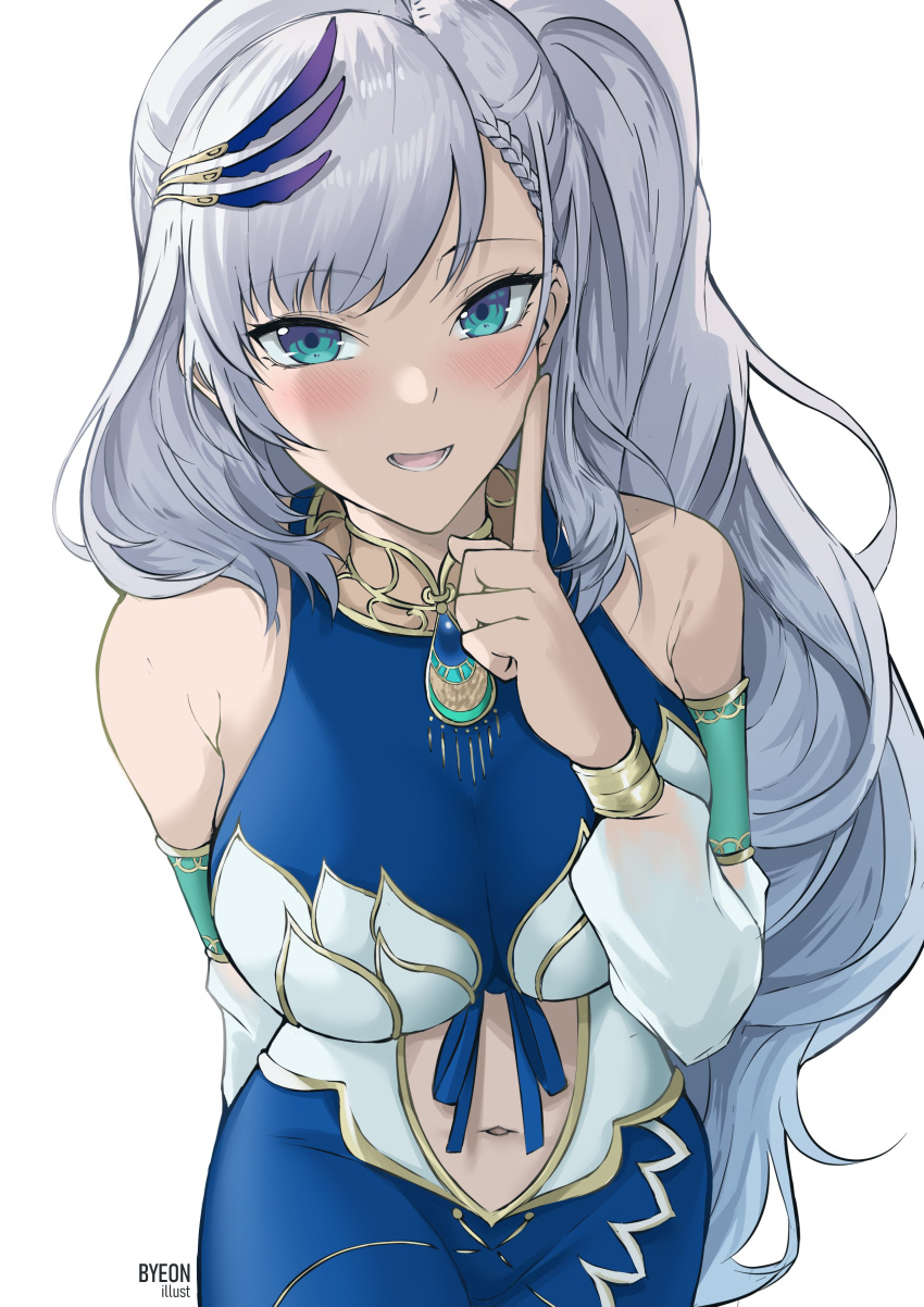 1girl, absurdres, bangs, blush, braid, breasts, byeon, feathers, hair_ornament, highres, hololive, hololive_indonesia, large_breasts, long_hair, looking_at_viewer, open_mouth, pavolia_reine, side_ponytail, silver_hair, smile, solo, virtual_youtuber