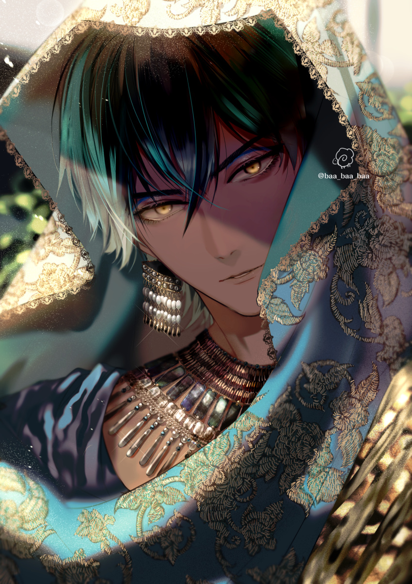 1boy, bangs, bishounen, dark-skinned_male, dark_skin, earrings, egyptian_clothes, embroidery