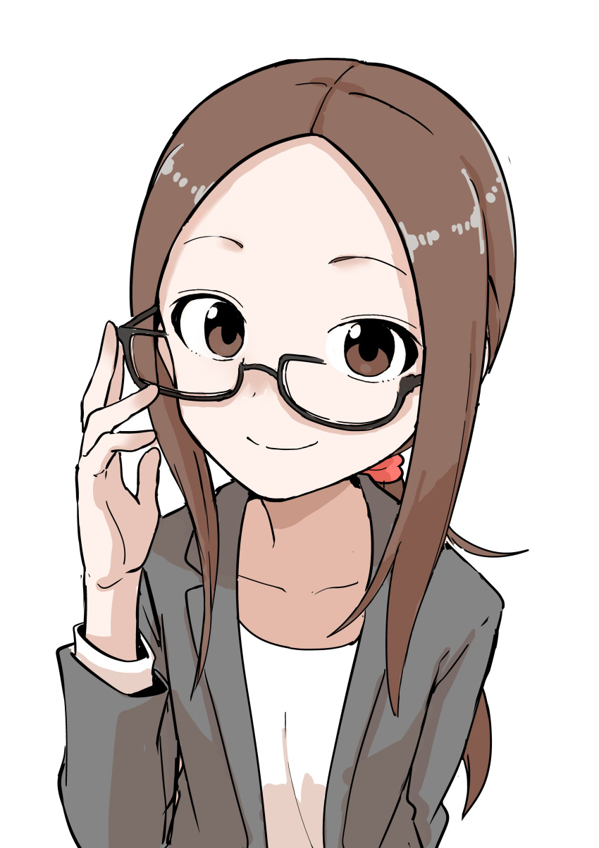 1girl, absurdres, bespectacled, brown_eyes, brown_hair, closed_mouth, coat, forehead