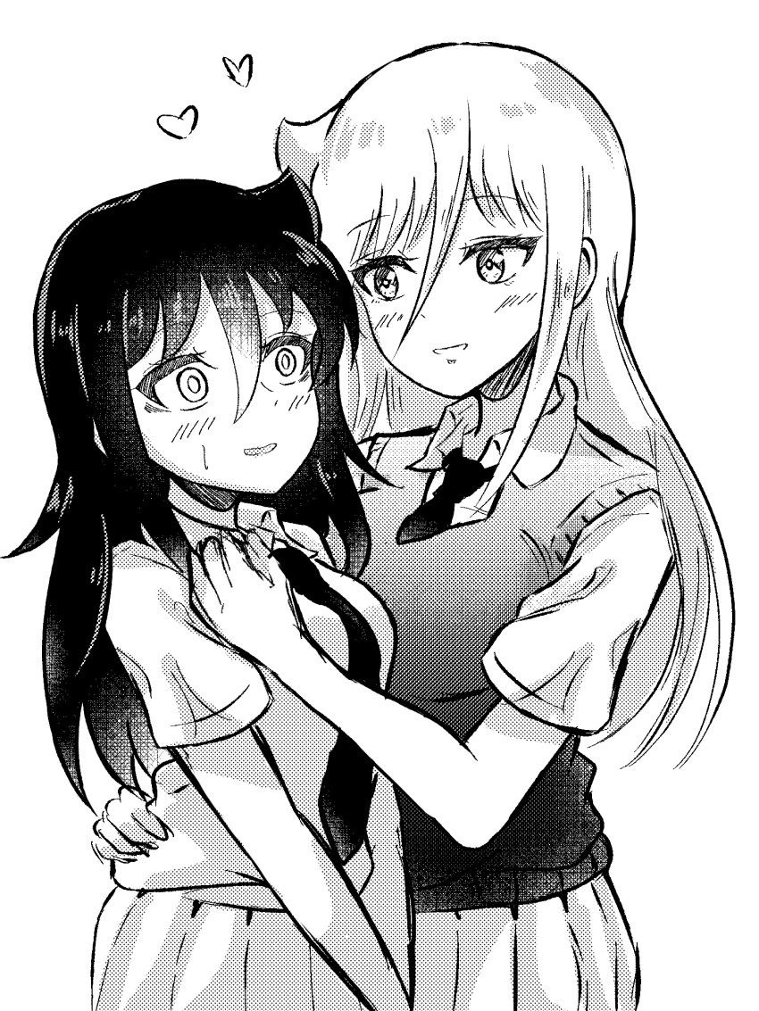 2girls, alternate_hairstyle, bags_under_eyes, bangs, blush, breasts, collared_shirt, commentary_request