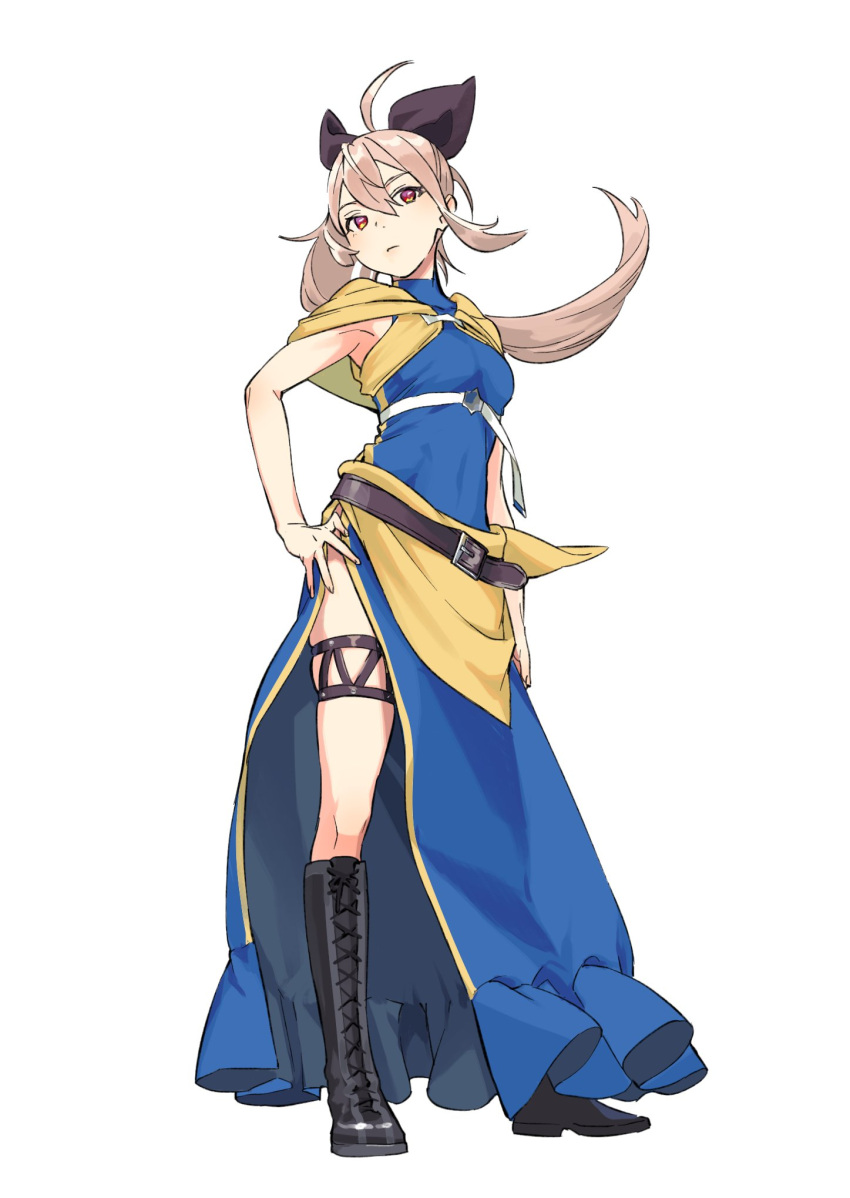 1girl, belt, black_footwear, black_ribbon, blonde_hair, boots, dress, full_body