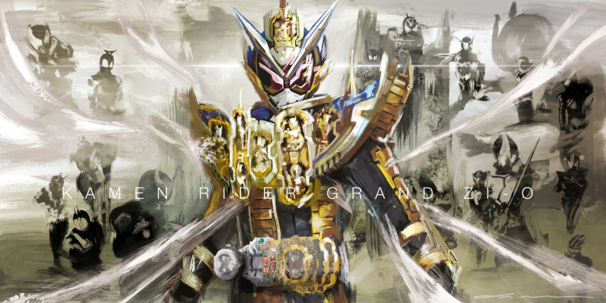 absurdres, alternate_costume, arm_up, armor, aura, belt, black_armor, black_footwear, black_gloves, bodysuit, clenched_hand, clock, clock_hands, commentary_request, compound_eyes, cowboy_shot, driver_(kamen_rider), future, gloves, glowing, glowing_eyes, gold_armor, gold_trim, grand_zi-o_rider_watch, helmet, highres, horns, imminent_fight, kamen_rider, kamen_rider_555, kamen_rider_agito, kamen_rider_agito_(series), kamen_rider_blade, kamen_rider_blade_(series), kamen_rider_build, kamen_rider_build_(series), kamen_rider_dcd, kamen_rider_decade, kamen_rider_den-o, kamen_rider_den-o_(series), kamen_rider_double, kamen_rider_drive, kamen_rider_drive_(series), kamen_rider_ex-aid, kamen_rider_ex-aid_(series), kamen_rider_faiz, kamen_rider_fourze, kamen_rider_fourze_(series), kamen_rider_gaim, kamen_rider_gaim_(series), kamen_rider_ghost, kamen_rider_ghost_(series), kamen_rider_grand_zi-o, kamen_rider_hibiki, kamen_rider_hibiki_(series), kamen_rider_kabuto, kamen_rider_kabuto_(series), kamen_rider_kiva, kamen_rider_kiva_(series), kamen_rider_kuuga, kamen_rider_kuuga_(series), kamen_rider_ooo, kamen_rider_ooo_(series), kamen_rider_ryuki, kamen_rider_ryuki_(series), kamen_rider_w, kamen_rider_wizard, kamen_rider_wizard_(series), kamen_rider_zi-o, kamen_rider_zi-o_(series), katakana, loincloth, long_coat, male_focus, multiple_boys, official_alternate_costume, open_hand, ouma_zi-o, pink_eyes, powering_up, red_eyes, rider_belt, rider_watch, shiny, shoulder_armor, single_horn, sky, spotlight, standing, tokusatsu, waistcoat, weapon, yygnzm, ziku_driver