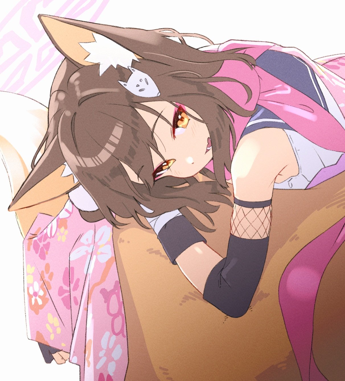 1girl, animal_ear_fluff, animal_ears, asymmetrical_sleeves, black_gloves, blue_archive, blue_sailor_collar, brown_hair