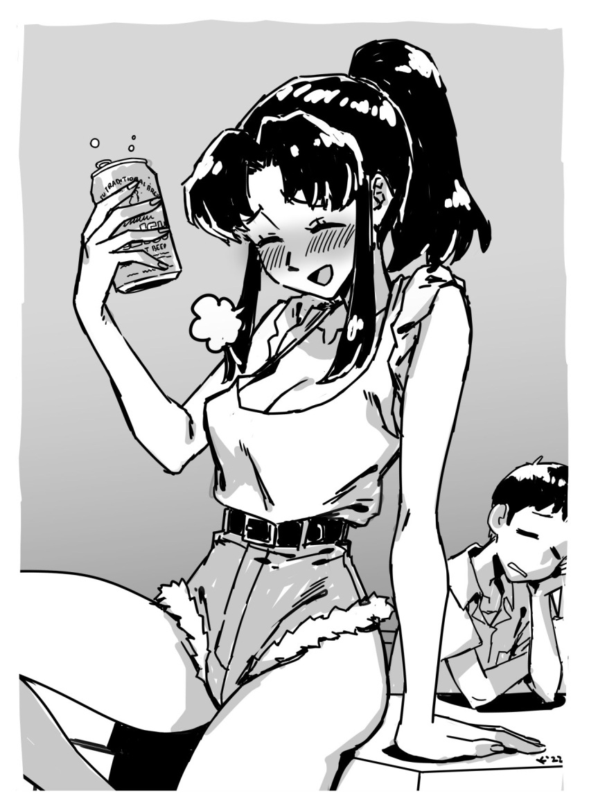1boy, 1girl, alcohol, beer, blush, breasts, drink, drinking, greyscale, highres, holding, holding_drink, ikari_shinji, katsuragi_misato, kinuko_(kinucakes), monochrome, neon_genesis_evangelion, ponytail, short_shorts, shorts, sidelocks, tank_top