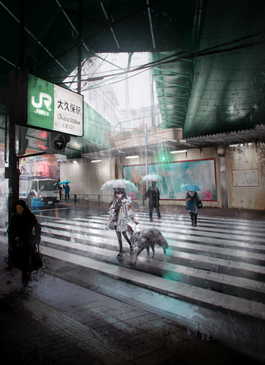 3girls, 4boys, animal_ears, arknights, billboard, crosswalk, dog_walking, english_text