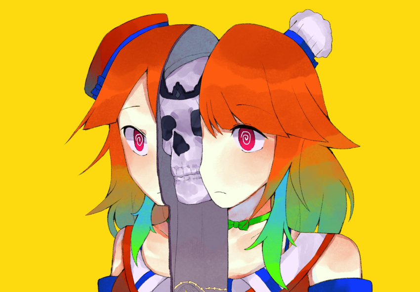 2girls, @_@, bow_choker, death_(entity), earrings, feather_earrings, feathers, gradient_hair