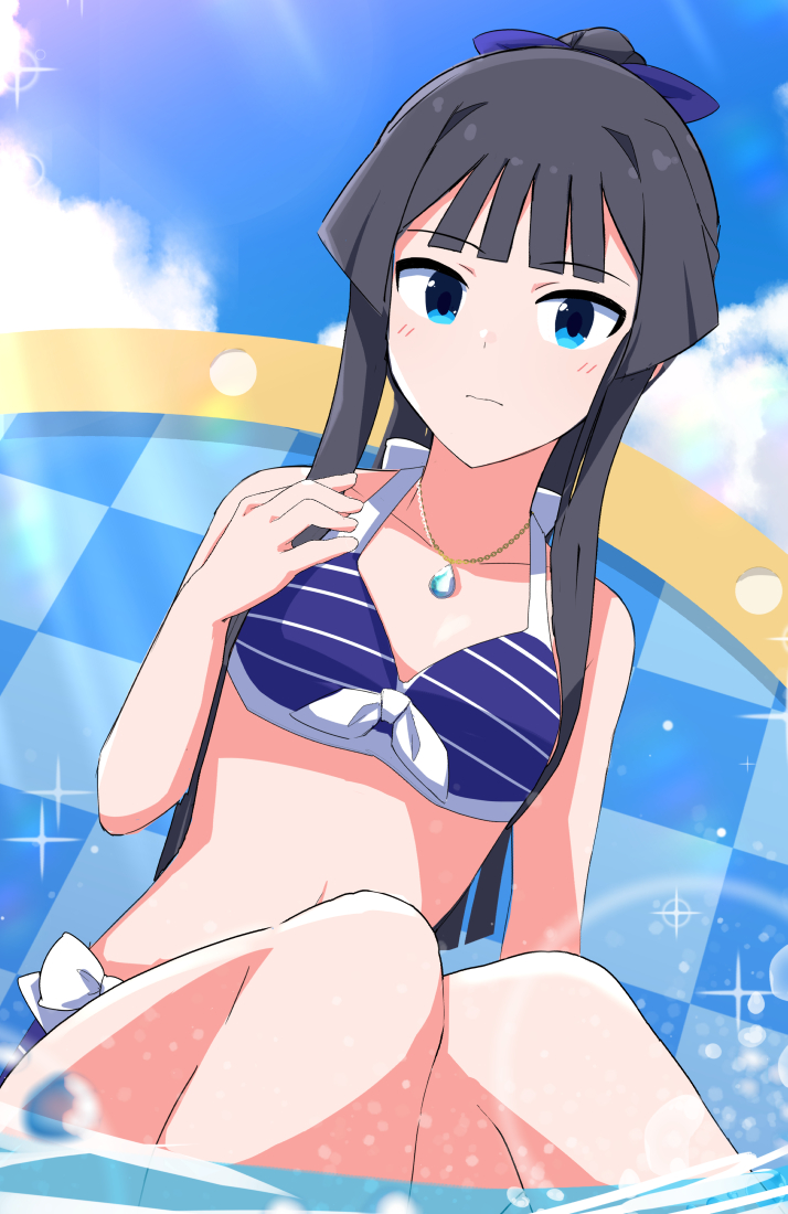 1girl, bangs, bikini, black_hair, blue_bikini, blue_bow, blue_eyes, blue_sky, blunt_bangs, blush, bow, closed_mouth, clouds, collarbone, commentary_request, eyebrows_visible_through_hair, hair_bow, idolmaster, idolmaster_million_live!, jewelry, long_hair, looking_at_viewer, mogami_shizuka, necklace, outdoors, ponytail, sky, solo, sparkle, striped, striped_bikini, swimsuit, trinitro_t, water
