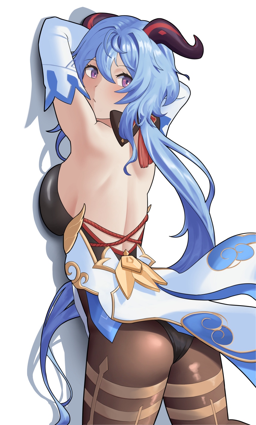 1girl, absurdres, against_wall, ahoge, arms_up, ass, back, backless_outfit