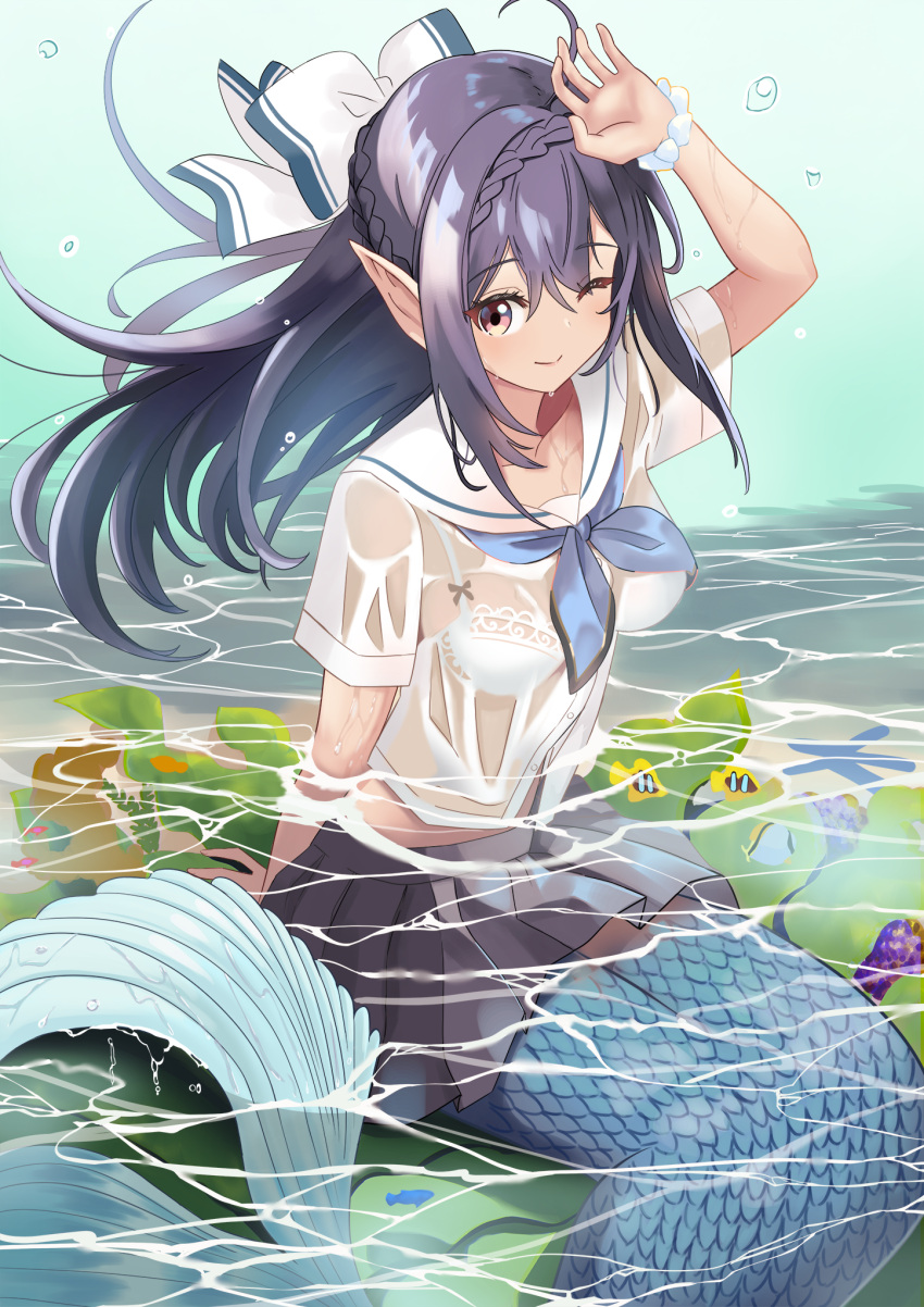 1girl, air_bubble, arm_up, bangs, black_hair, blue_neckerchief, bow, bra