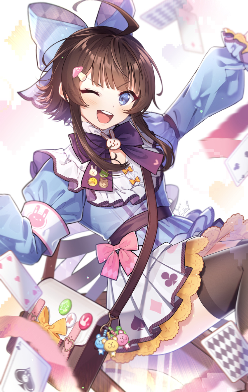 1girl, ;d, ace_of_spades, ahoge, alternate_costume, animal_print, argyle, arm_up