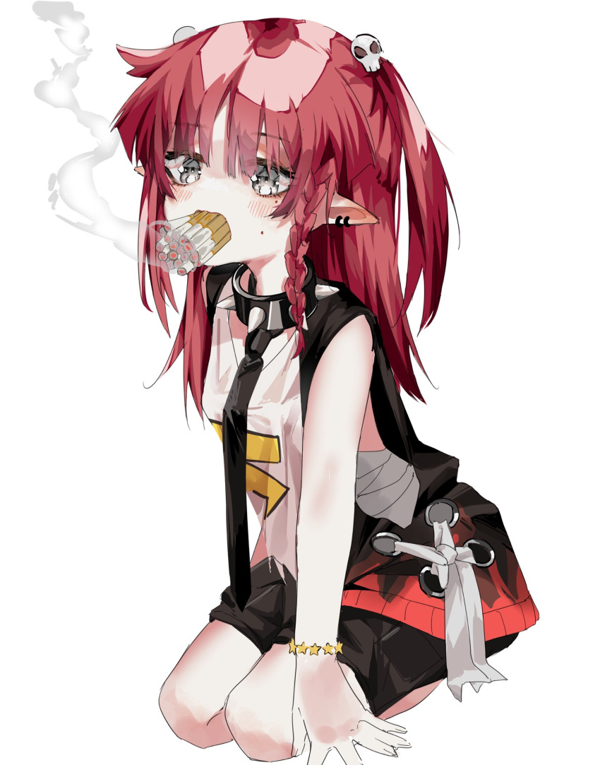 1girl, bangs, black_necktie, black_shorts, blush, bracelet, braid, breasts