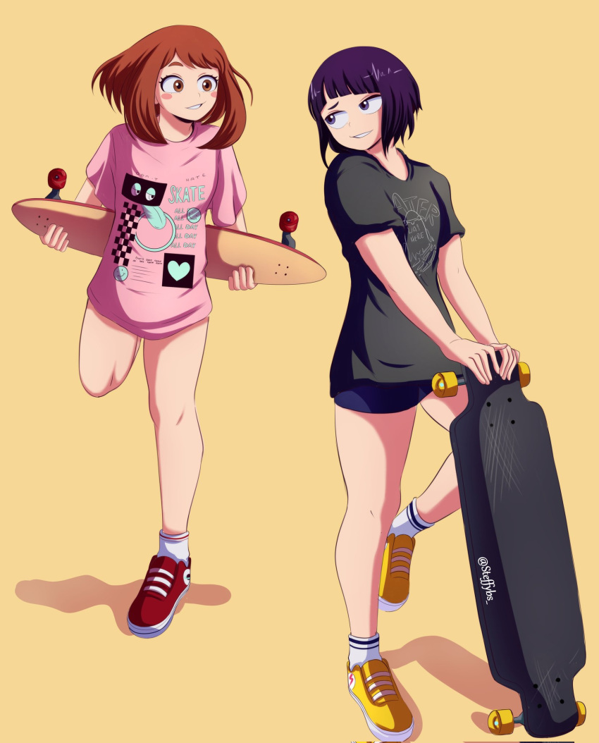 bare_legs, boku_no_hero_academia, brown_eyes, brown_hair, highres, jirou_kyouka, no_pants, purple_hair, shirt, shoes, short_hair, shorts, skateboard, smile, socks, steffy_bs, steffybs, t-shirt, teeth, twitter_username, uraraka_ochako, violet_eyes, yellow_background