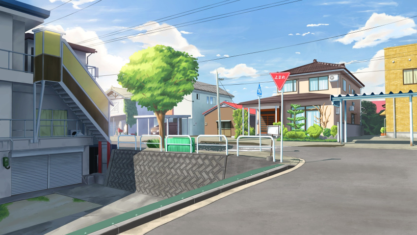 air_conditioner, balcony, blue_sky, building, car, clouds, commentary_request, garage