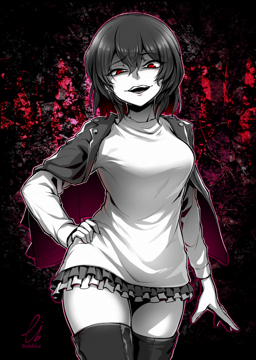 1girl, artist_name, bangs, character_request, commentary_request, commission, contrapposto, copyright_request