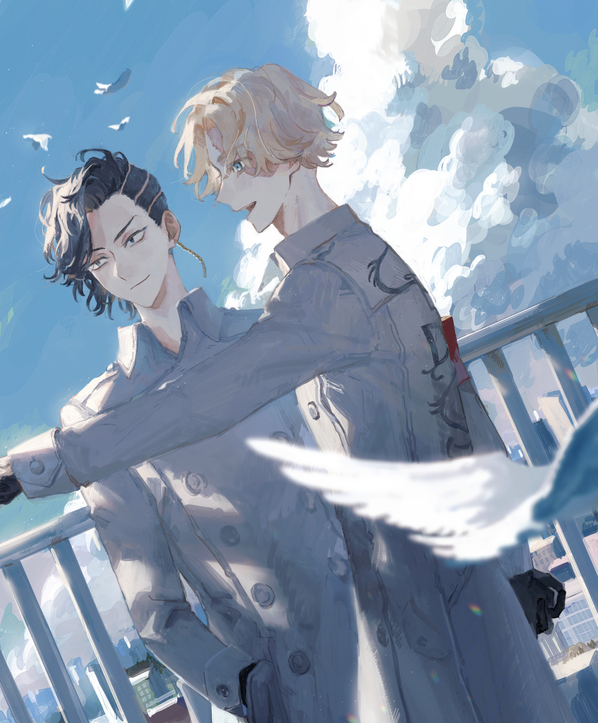2boys, absurdres, anzen_kakunin, armband, asymmetrical_hair, black_eyes, black_gloves, black_hair, blonde_hair, blue_eyes, burn_scar, closed_mouth, clouds, coat, cowboy_shot, day, earrings, gloves, hands_in_pockets, highres, inui_seishu, jewelry, kokonoi_hajime, long_sleeves, male_focus, multiple_boys, open_mouth, outdoors, profile, red_armband, scar, scar_on_face, single_earring, smile, standing, tokyo_revengers, tsurime, white_coat
