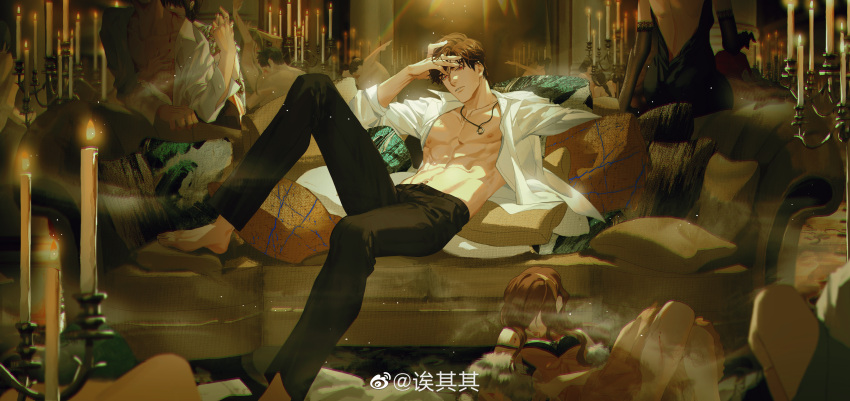 1boy, abs, absurdres, bangs, bishounen, brown_hair, chinese_commentary, collared_shirt