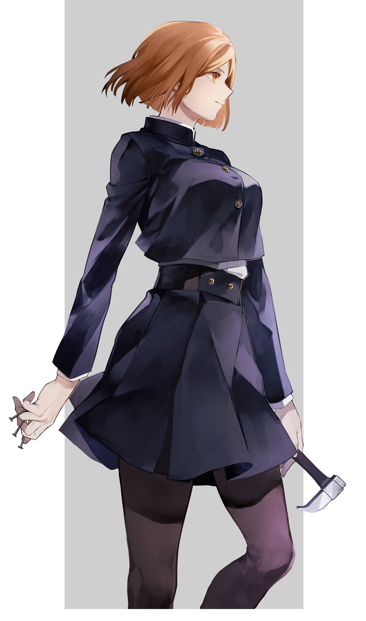 1girl, black_jacket, black_legwear, black_skirt, brown_hair, closed_mouth, cowboy_shot, hammer, highres, holding, holding_hammer, holding_nail, jacket, jujutsu_kaisen, kugisaki_nobara, long_sleeves, looking_away, nail, profile, school_uniform, short_hair, skirt, smile, solo, standing, tntnsososo