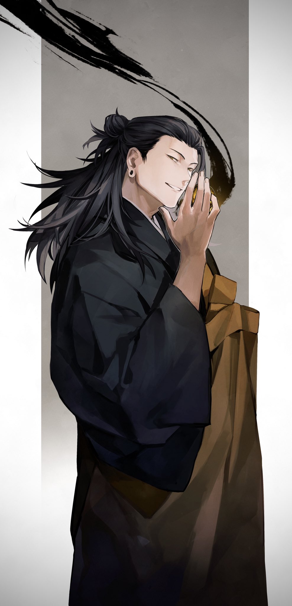 1boy, black_hair, black_kimono, cowboy_shot, ear_piercing, getou_suguru, hair_bun, hand_up