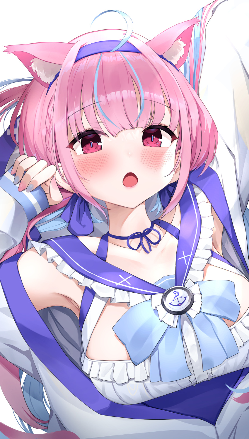 1girl, :o, absurdres, ahoge, animal_ear_fluff, animal_ears, armpits, arms_up