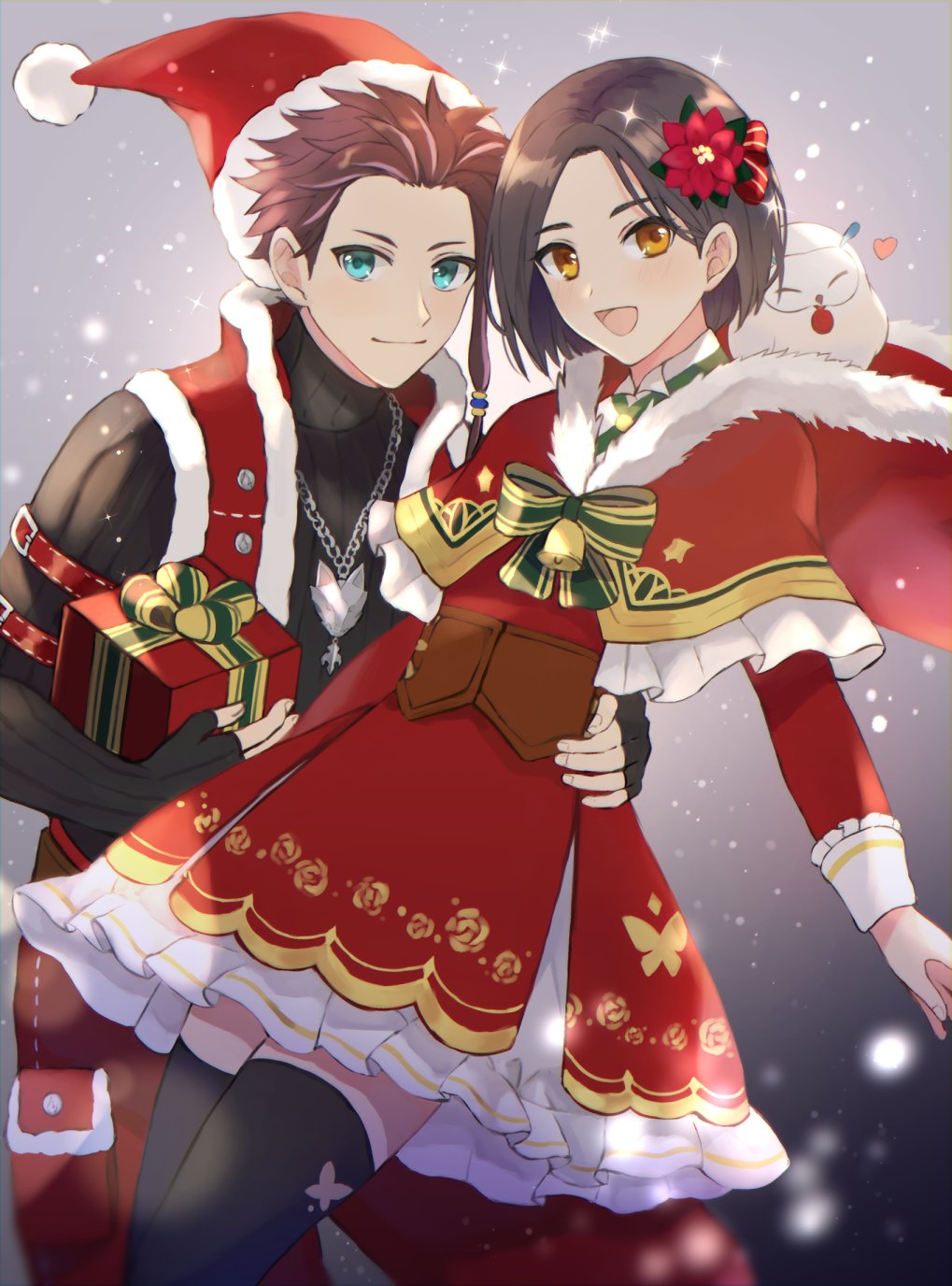 1boy, 1girl, animal, bird, black_gloves, black_hair, black_jacket, blue_eyes